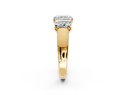 3 Stone Engagement Ring Setting for Radiant Cut Center with Raised Basket Heads and Prong Head in Yellow Gold