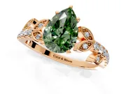Leaf Motif Engagement Ring Setting for Fancy Green Pear-Shaped Center with Pave Band and Prong Head in Rose Gold