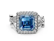 Halo Engagement Ring Setting for Fancy Blue Asscher Cut Center with Leaf Motif Split Shank and Prong Head in Platinum