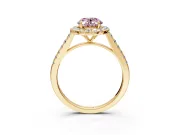 Halo Engagement Ring Setting for Fancy Pink Oval Center with Narrowing Pave Band and Prong Head in Yellow Gold