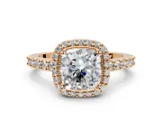 Halo Engagement Ring Setting for Cushion Cut Center with Inner Milgrain Border and Prong Head in Rose Gold