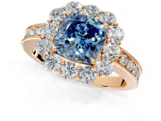 Halo Engagement Ring Setting for Fancy Blue Cushion Cut Center with Milgrain Channel Band and Prong Head in Rose Gold