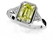 Cluster Engagement Ring Setting for Fancy Yellow Emerald Cut Center with Milgrain Shoulder Clusters and Prong Head in Platinum