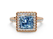 Milgrain Floral Halo Engagement Ring Setting for Fancy Blue Princess Cut Center with Pave Band and Prong Head in Rose Gold
