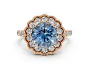 Milgrain Floral Halo Engagement Ring Setting for Fancy Blue Round Cut Center with Pave Band and Prong Head in Rose Gold