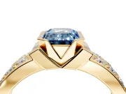 Bezel Engagement Ring Setting for Fancy Blue Emerald Cut Center with Wide Channel-Set Band and Bezel Head in Yellow Gold
