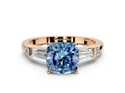 Bar-Set Engagement Ring Setting for Fancy Blue Cushion Cut Center with Tapered Baguette Accents and Prong Head in Rose Gold