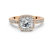 Halo Engagement Ring Setting for Cushion Cut Center with Full Pave Band and Prong Head in Rose Gold