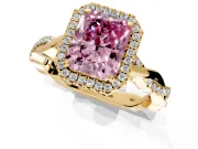 Halo Engagement Ring Setting for Fancy Pink Radiant Cut Center with Pave and Plain Twist Band and Prong Head in Yellow Gold