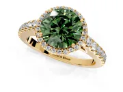 Halo Engagement Ring Setting for Fancy Green Round Cut Center with Full Pave Band and Prong Head in Yellow Gold