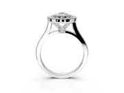 Halo Engagement Ring Setting for Pear-Shaped Center with Milgrain Frame, Pave Band and Prong Head in White Gold