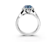 Halo Engagement Ring Setting for Fancy Blue Round Cut Center with Narrow Pave Split Shank and Prong Head in Platinum