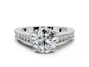Solitaire Engagement Ring Setting for Round Cut Center with Engraved Pave Band and Prong Head in Sterling Silver