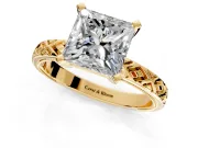Solitaire Engagement Ring Setting for Princess Cut Center with Milgrain X Pattern Band and Prong Head in Yellow Gold