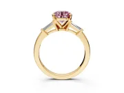 3 Stone Engagement Ring Setting for Fancy Pink Round Cut Center with Channel Baguette Accents and Prong Head in Yellow Gold