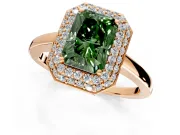 Halo Engagement Ring Setting for Fancy Green Radiant Cut Center with Plain Tapered Band and Prong Head in Rose Gold