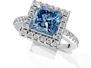 Pave Halo Engagement Ring Setting for Fancy Blue Princess Cut Center with Single Row Pave Band and Prong Head in White Gold