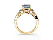 3 Stone Engagement Ring Setting for Fancy Blue Asscher Cut Center with Pave Split Shank and Prong Head in Yellow Gold
