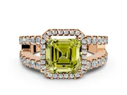 Halo Engagement Ring Setting for Fancy Yellow Asscher Cut Center with Wide-Open Pave Split Shank and Prong Head in Rose Gold