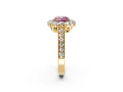 Halo Engagement Ring Setting for Fancy Pink Cushion Cut Center with Milgrain Channel Band and Prong Head in Yellow Gold
