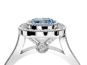 Halo Engagement Ring Setting for Fancy Blue Cushion Cut Center with Milgrain Frame, Pave Band and Prong Head in Platinum