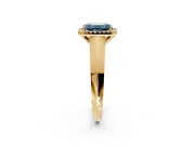 Halo Engagement Ring Setting for Fancy Blue Emerald Cut Center with Knife Ridge Cathedral Band and Prong Head in Yellow Gold