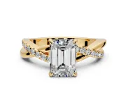 Crossover Engagement Ring Setting for Emerald Cut Center with Pave and Plain Strands and Prong Head in Yellow Gold