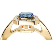 Bezel-Framed Halo Engagement Ring Setting for Fancy Blue Emerald Cut Center with Pave Band and Prong Head in Yellow Gold