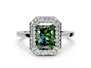 Halo Engagement Ring Setting for Fancy Green Radiant Cut Center with Plain Tapered Band and Prong Head in White Gold