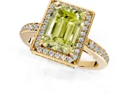 Halo Engagement Ring Setting for Fancy Yellow Emerald Cut Center with Metal-Rimmed Halo, Pave Band and Prong Head in Yellow Gold