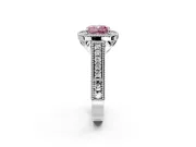 Milgrain Halo Engagement Ring Setting for Fancy Pink Cushion Cut Center with Pave Band and Prong Head in Sterling Silver