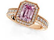 Milgrain Halo Engagement Ring Setting for Fancy Pink Emerald Cut Center with Wide Pave Band and Prong Head in Rose Gold