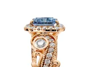Milgrain Halo Engagement Ring Setting for Fancy Blue Radiant Cut Center with Shoulder Bezels and Prong Head in Rose Gold