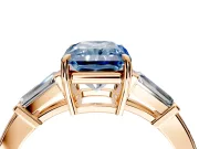 3 Stone Engagement Ring Setting for Fancy Blue Radiant Cut Center with Baguette Accents and Prong Head in Rose Gold