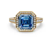 Bezel-Framed Halo Engagement Ring Setting for Fancy Blue Asscher Cut Center with Pave Band and Prong Head in Yellow Gold