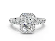Halo Engagement Ring Setting for Radiant Cut Center with Full Pave Band and Prong Head in Sterling Silver