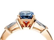 3 Stone Engagement Ring Setting for Fancy Blue Emerald Cut Center with Channel Baguette Accents and Prong Head in Rose Gold
