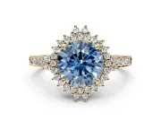 Sunburst Halo Engagement Ring Setting for Fancy Blue Round Cut Center with Pave Band and Prong Head in Yellow Gold