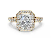 Halo Engagement Ring Setting for Radiant Cut Center with Heart-Shaped Openwork, Pave Band and Prong Head in Yellow Gold