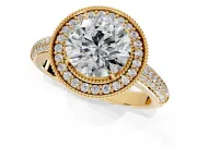 Milgrain Halo Engagement Ring Setting for Round Cut Center with Three-Sided Pave Band and Prong Head in Yellow Gold