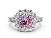 Halo Engagement Ring Setting for Fancy Pink Cushion Cut Center with Milgrain Channel Band and Prong Head in Sterling Silver