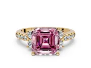 Paired Accent Engagement Ring Setting for Fancy Pink Asscher Cut Center with Pave Band and Prong Head in Yellow Gold
