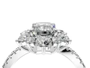 Floral Halo Engagement Ring Setting for Emerald Cut Center with Pave Accents and Prong Head in Sterling Silver