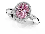 Halo Engagement Ring Setting for Fancy Pink Oval Center with Tapered Plain Band and Prong Head in Platinum