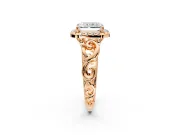 Halo Engagement Ring Setting for Radiant Cut Center with Open Scroll Shoulders and Prong Head in Rose Gold