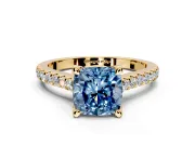 Solitaire Engagement Ring Setting for Fancy Blue Cushion Cut Center with Widening Pave Band and Claw Prong Head in Yellow Gold