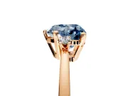 3 Stone Engagement Ring Setting for Fancy Blue Heart-Shaped Center with Low-Set Round Cut Accents and Prong Head in Rose Gold