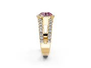 Halo Engagement Ring Setting for Fancy Pink Round Cut Center with Wide-Open Pave Split Shank and Prong Head in Yellow Gold