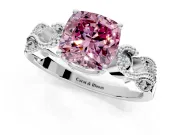 Leaf Engagement Ring Setting for Fancy Pink Cushion Cut Center with Milgrain Accent Band and Prong Head in Sterling Silver
