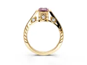 Cathedral Engagement Ring Setting for Fancy Pink Emerald Cut Center with Antique-Style Pave Band and Prong Head in Yellow Gold